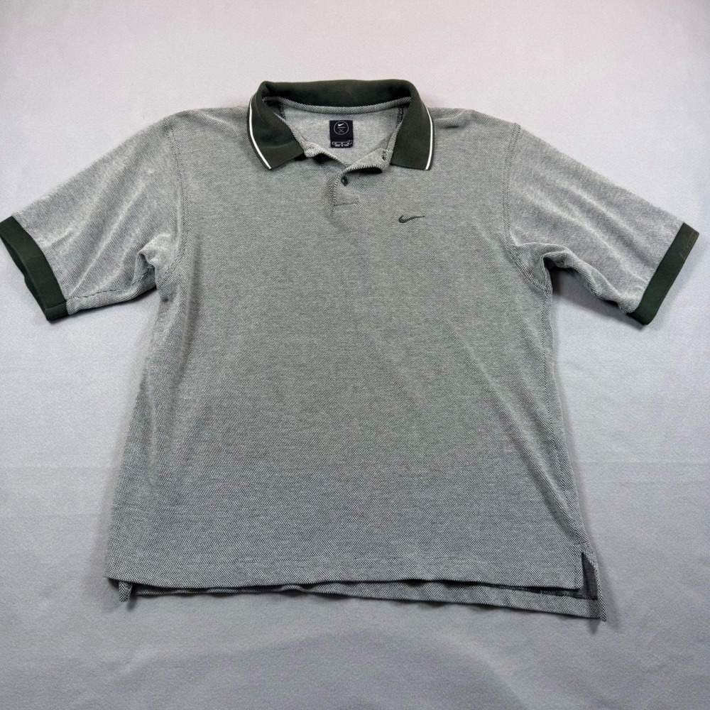 Nike Golf Mens Medium Grey Green Pique Polo Shirt Short Sleeve Cotton Sportswear